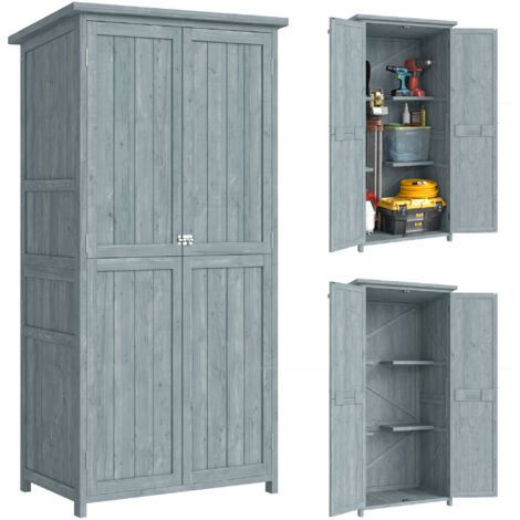 Armoire de jardin, armoire extérieure de rangement en bois avec 2 portes verrouillables, 2 étagères et 10 crochets, gris