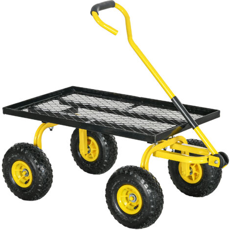 Chariot de transport jardin remorque à main charrette à bras 4 roues 94 x 48,5 x 100 cm charge max. 150 Kg métal jaune (1/5)