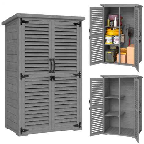 Armoire de Jardin Remise Pour Outils en Bois 2 Étagères Toit Bitumé Portes Persiennes Verrouillable 75 x 50 x 118cm Gris (1/5)