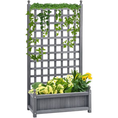 Jardinière surélevée Outsunny avec treillis, bac à fleurs, support pour plantes grimpantes, arche pour rosiers grimpants, bois de jardin, gris, 64 x 28 x 120 cm (1/5)