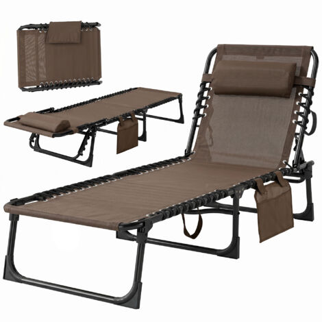 Chaise longue pliante avec coussin cervical, structure en acier, revêtement en tissu mesh, charge maximale 120 kg, marron (1/5)
