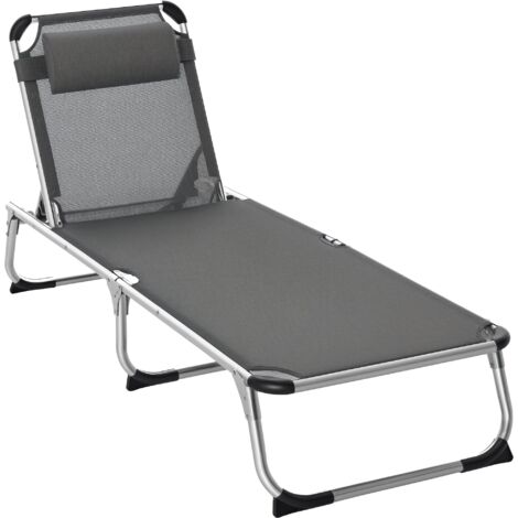 Transat pliable, chaise longue de jardin avec appui-tête, chaise longue avec dossier réglable 4 positions, chaise longue de camping, charge maximale 120 kg, pour parcs et jardins, gris (1/5)