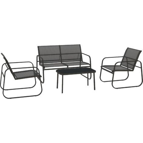 Ensemble de mobilier de jardin 4 pièces, 2 fauteuils, canapé 2 places, table avec plateau en verre, tissu respirant, structure en métal, noir (1/5)