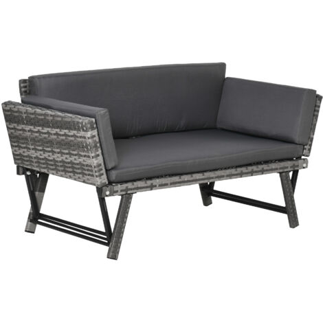 Canapé de jardin en polyrotin, 2 places, mobilier de jardin, canapé lounge, banc de jardin, chaise longue de jardin, pliable, accoudoirs, acier, gris, 129 x 63 x 67 cm (1/5)