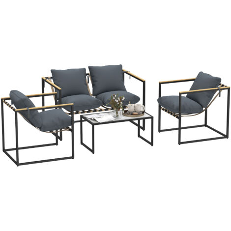 Ensemble de mobilier de jardin 4 pièces, comprenant 2 fauteuils, un canapé 2 places et une table, revêtu de tissu d'ameublement en acier et polyester gris. (1/5)