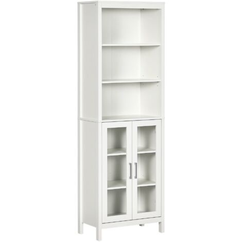 Colonne de salle de bain avec 2 portes vitrées et 3 étagères, meuble d'appoint de style moderne, 53 x 30 x 162 cm, blanc (1/5)