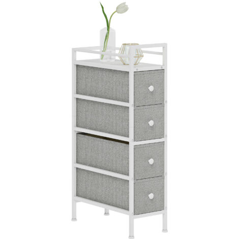 Commode à 4 tiroirs en tissu, structure en acier, idéale pour la chambre, les petits espaces, le salon ou le dressing, gris clair. (1/5)