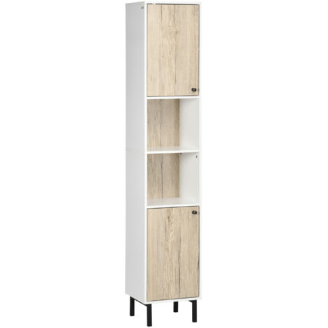 Colonne de salle de bain à 6 compartiments pour douche, WC et chambre, style moderne, 31,5 x 30 x 169 cm, blanc et chêne (1/5)