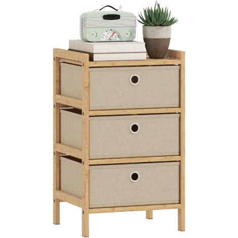 Commode à 3 tiroirs en tissu, structure en bambou, idéale pour les petits espaces, coloris crème et naturel. (1/5)