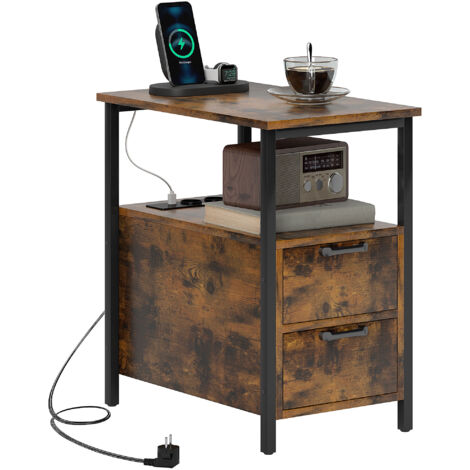 Table d'appoint avec station de recharge, ports USB, prises électriques, 2 tiroirs et étagère pour salon ou chambre. (1/5)