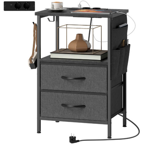 Table basse/table d'appoint avec station de charge, structure en acier, ports USB-C, tiroirs, crochets, 40 cm x 30 cm x 60 cm, noire (1/5)