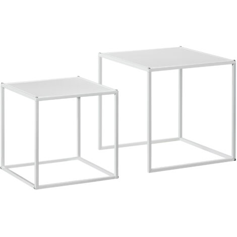 Ensemble de 2 tables gigognes carrées pour salon, en acier, grande table de 40 cm et petite table de 35 cm, blanches. (1/5)
