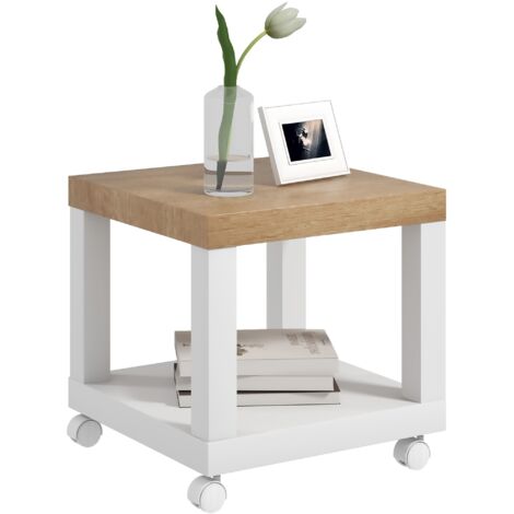 Table d'appoint à roulettes, étagère ouverte, table basse pour salon ou chambre, 40 x 40 x 40 cm, naturel et blanc (1/5)