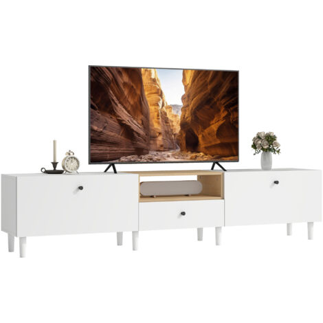 Meuble TV 200 cm pour téléviseurs jusqu'à 90 pouces, 2 compartiments abattants, 1 compartiment ouvert, tiroir, 8 pieds, panneaux de particules, blanc (1/5)