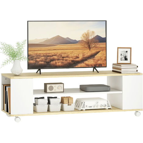 Meuble TV suspendu à roulettes avec 2 étagères pour téléviseurs jusqu'à 55 pouces, 120 x 40 x 38,5 cm, blanc (1/5)