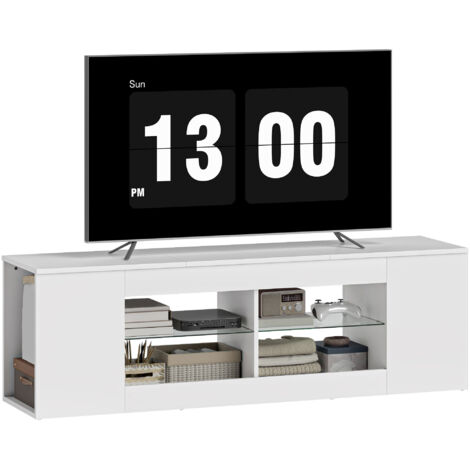 Meuble TV 140 cm, 6 compartiments, 2 étagères en verre, panneaux de particules, blanc (1/5)