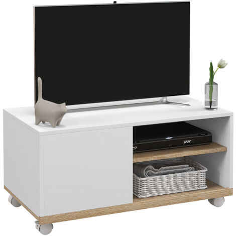 Meuble TV à roulettes, mobilier de salon, table pour téléviseurs 42 pouces avec porte et 2 étagères, 80 x 45 x 41 cm, blanc (1/5)