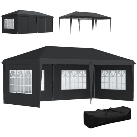 Pavillon pliable et étanche d'environ 3 x 6 m, avec 4 panneaux latéraux, fenêtre, protection UV et sac de transport, noir. (1/5)