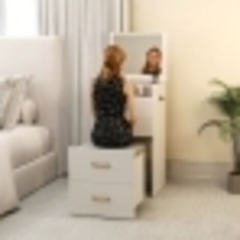 Table de maquillage 3 en 1 avec miroir, table de chevet, tabouret roulant et tiroirs, blanc (1/5)