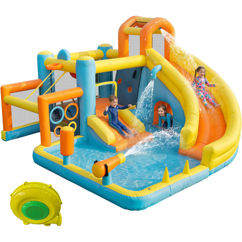 GYMMALL Château Gonflable Aquatique 10-en-1 – Toboggan, Piscine, Panier, 450W – Enfant
