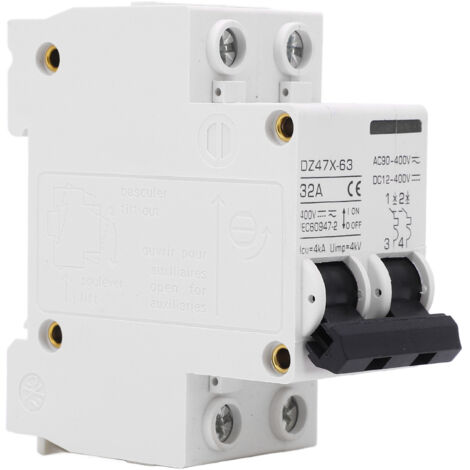 Disjoncteur miniature 2P pour système solaire, 32A, montage rail DIN, DC12‑400V AC90‑400V, interrupteur sectionneur. (1/5)