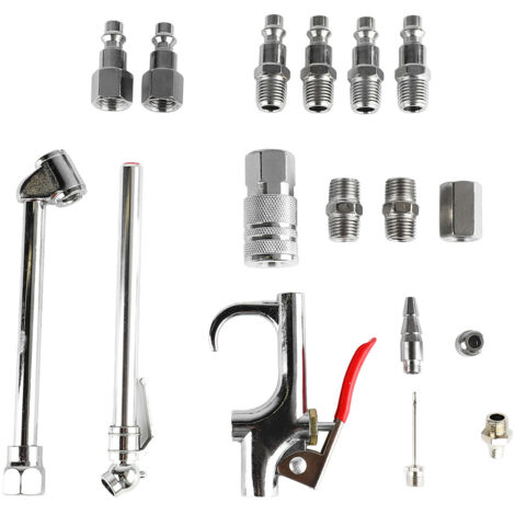 Kit de gonflage compresseur 17 pièces avec pistolet à air, raccord 1/4NPT, double pied, manomètre pour pneu et accessoires. (1/5)