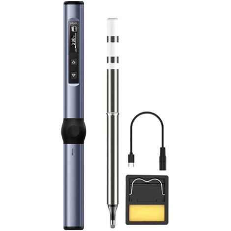 Fer à souder électrique portable avec câble Type-C, support et embouts, 9-24V DC, gris-bleu (1/5)