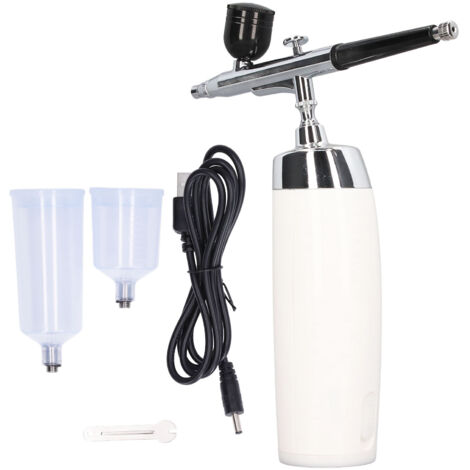 Kit de pistolet aérographe sans fil rechargeable USB, pinceau à air portable stable pour maquillage et art, avec godet et compte-gouttes, couleur blanche. (1/5)