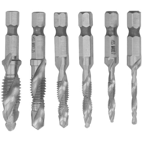 6PCS Set de Tarauds Combinés à Tige Hexagonale, Tarauds Spirale en Acier Rapide pour Filetage, Outil de Tissage de Filets Argenté (1/5)