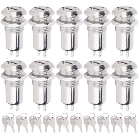 10 Interrupteurs à Clé Métalliques ON/OFF avec 2 Clés et Écrous - Acier Inoxydable 12mm 220V AC/DC (Double Coupe) (1/5)
