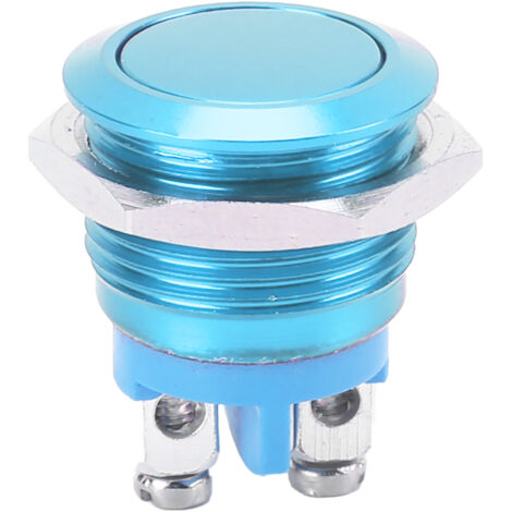 Interrupteur Bouton Métal Inoxydable 16mm Tête Plate Ronde Étanche Auto-Rétablissement 220V (Bleu)