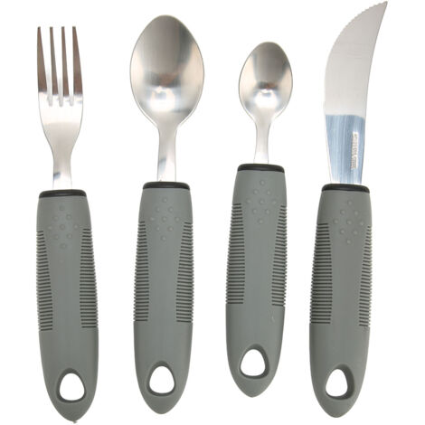 4 pièces couverts adaptés avec manches larges lestés gris - Couteau, fourchette, cuillères - Prise facile pour personnes âgées (1/5)