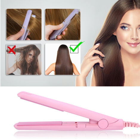 Fer à lisser 2 en 1 mini avec plaques en céramique et tourmaline, lisseur chauffant rose pour cheveux, prise UE.
