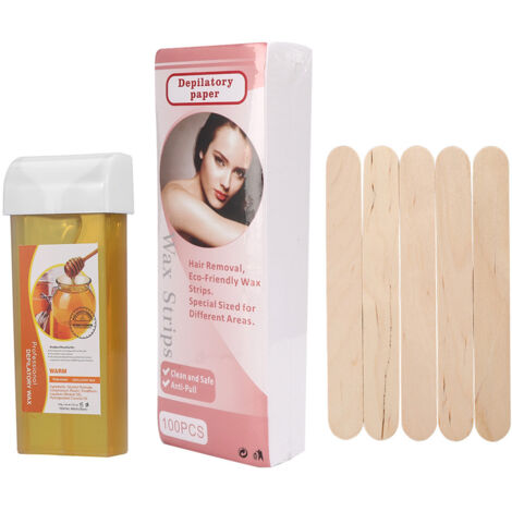 Kit de Cire Épilation 100g avec 100 Feuilles et 5 Spatules en Bois (Miel) (1/5)