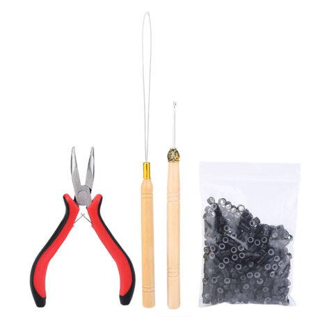 Kit de Connexion pour Perruques avec Pince, Crochet, Aiguille et 500 Anneaux Micro pour Extensions Capillaires Noirs (1/5)