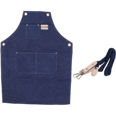 Tablier de cuisine en toile de coton réglable, dos croisé avec poches bleu (1/5)