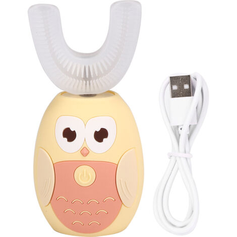 Brosse à dents électronique sonique automatique pour enfants 6-12 ans, forme hibou jaune, tête en silicone en U (1/5)