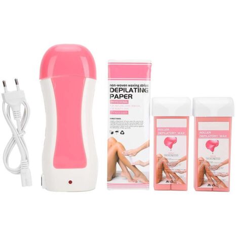 Chauffe-cire épilation portable avec bandes et papier rose, prise EU 220V (1/5)