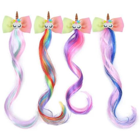 4pcs Pingle Cheveux Boucles Postiche Cheveux, Perruque Enfant Fille Tress Cheveux, Licorne Princesse Toile Arc Accessoire Cheveux, Dressup Party (1/5)