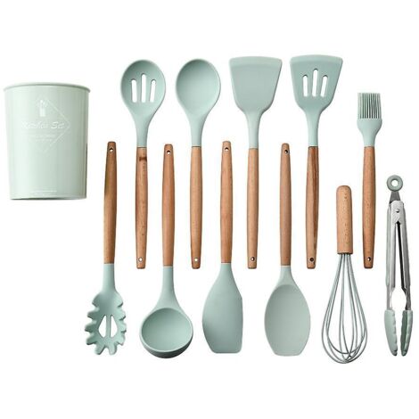 11 Pices Seau De Stockage Vert Frais Poigne En Bois Silicone Batterie De Cuisine (1/3)