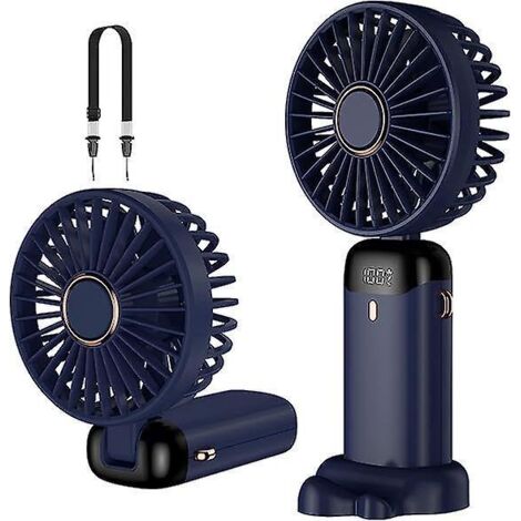 (bleu Fonc) Mini Ventilateur Portable Rechargeable Usb, Petit Ventilateur De Poche 5 Vitesses Avec Cordon Et Base, Batterie Intgre 4200 Mah, Vent