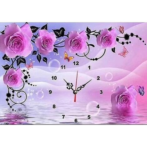 30 X 40 Cm ,horloge Rose Diamond Painting Broderie Diamant Peinture Canevas 5d Tableau Enfant Adulte Strass Lot Puzzle Dessin Decoration Murale C (1/5)
