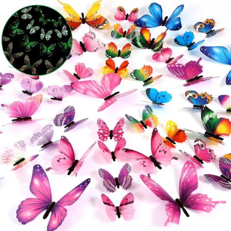 48 Pices D'autocollants Muraux Dcoratifs Luminescents 3d Lueur Nocturne Papillon Fonc Autocollants Papillon Plafond Dtachable Maternelle Salon Cha (1/5)