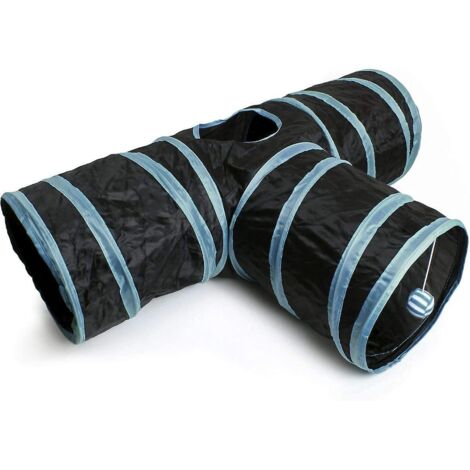 tunnel Chat Tunnel Pliable, Jouet Chat Interactif Tunnel Lapin 3 Canaux, Avec Boule Pendante - Intrieur/extrieur - Garniture Noire/bleue (1/5)
