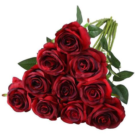 10 Pcs Artificielle Rose Faux Fleur Dcoration, Rose Rouge Fonc Unique Tige Artificielle Rose Bouquet De Soie Pour Mariage Arrangement De Fleurs Ce (1/5)