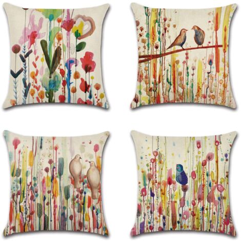 housse De Coussin Oiseau Gomtrique Peint 45 X 45 Cm, Lot De 4 Taies D'oreiller En Lin Pour Dcorer Canaps, Jardins Extrieurs, Lits, Canaps, Et L'oi (1/5)