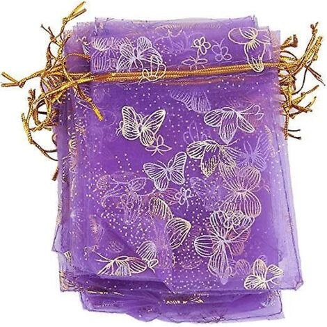 environ 100 Pochettes En Organza Avec Cordon De Serrage Pour Cadeaux De Mariage, 9 X 12 Cm (imprim Papillon), Violet (1/5)