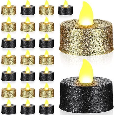 24 Pices Bougies Chauffe-plat Led Paillettes Dores Bougies Sans Flamme Noires Bougies Chauffe-plat Votives Piles Avec Lumire Jaune Chaude Pour N (1/5)