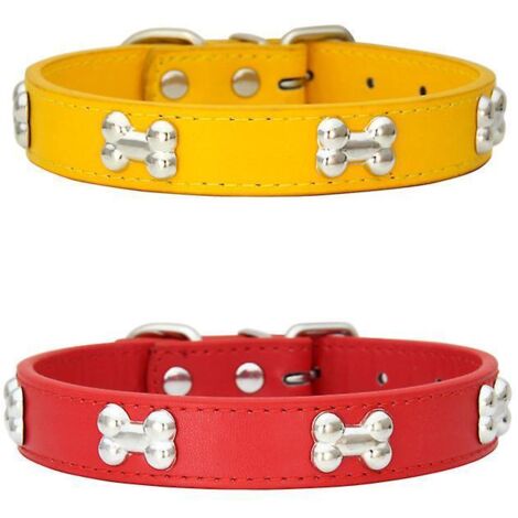 (m, 1.5 37 Cm ,jaune Et Rouge)collier De Chien Clout En Os Vritable En Cuir Vritable Colliers De Taille Rglable Confortables Pour Petit Chien Moy (1/5)