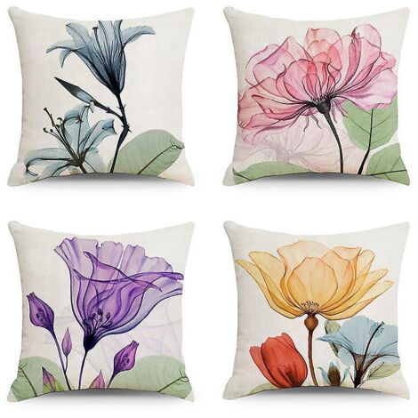 extrieur Housse De Coussin, 45x45cm, Lot De 4 Impermable Fleurs Colores Motif Canap Taie D'oreiller Pour Patio Jardin Salon Chambre Dcoration